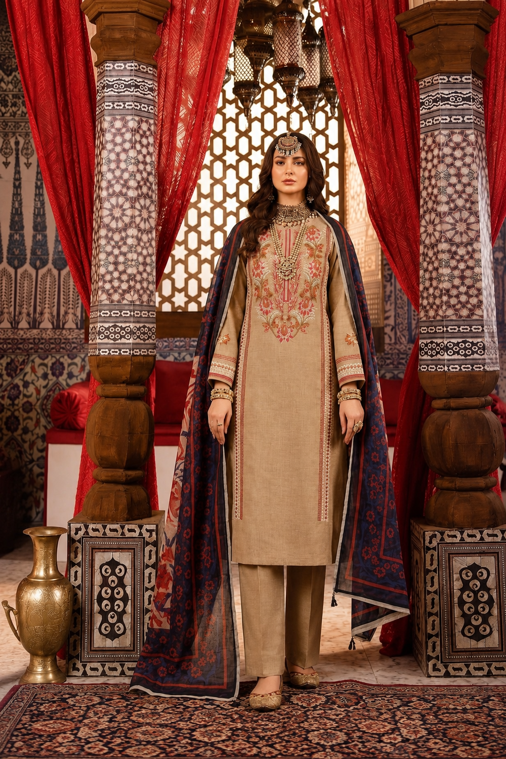 Beige embroidered Pakistani lawn suit with printed navy dupatta, traditional jewelry, and elegant festive ethnic wear styling.