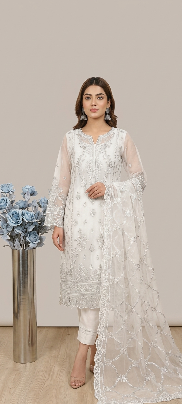 Noor White Embroidered 3Pc Bridal Suit | Ayerish Style