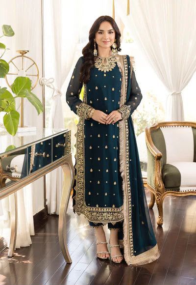 Teal Blue Heavy Embroidered Chiffon Suit