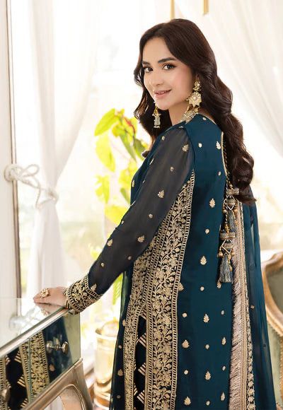 Teal Blue Heavy Embroidered Chiffon Suit