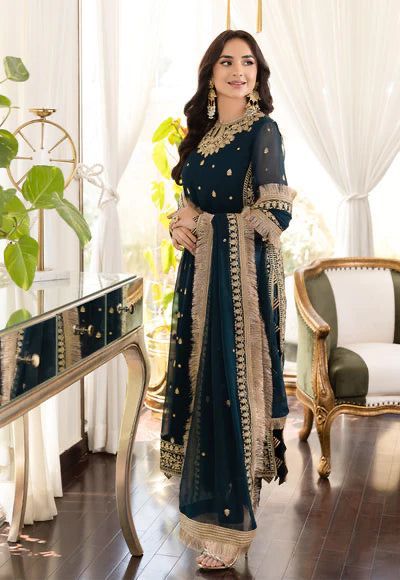 Teal Blue Heavy Embroidered Chiffon Suit