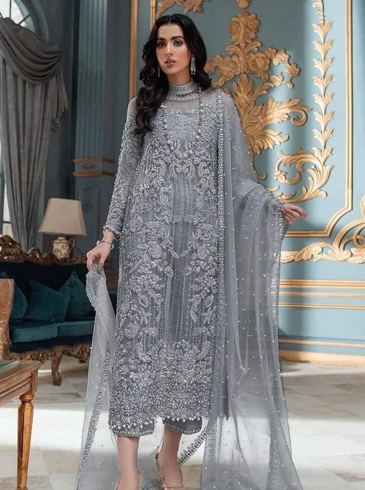 Net Embroidered Suit with Satin Silk Trouser