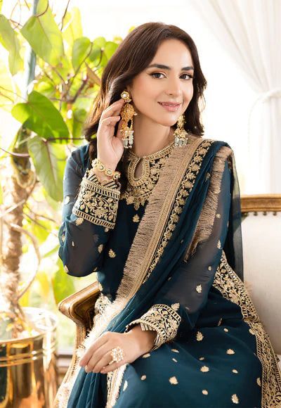 Teal Blue Heavy Embroidered Chiffon Suit