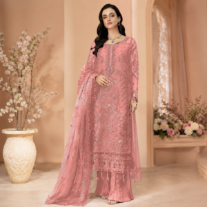 Model wearing a tea pink embroidered organza 3 piece eastern suit with silver embellishments, matching dupatta, tonal trouser, and elegant jewelry.