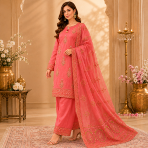AYS-GULRANG tea pink embroidered stitched suit with crinkle chiffon mix dupatta and lawn trouser