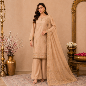 AYS Aliza stitched suit front view in skin beige lawn with crinkle chiffon mix dupatta