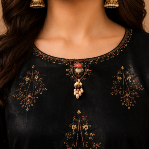 Black embroidered lawn stitched suit front view by Ayerish Style