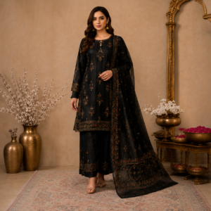 AYS-SHEHNOOR black embroidered lawn stitched suit with crinkle chiffon mix dupatta and lawn trouser