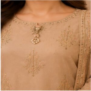 AYS Aliza stitched suit front view in skin beige lawn with crinkle chiffon mix dupatta