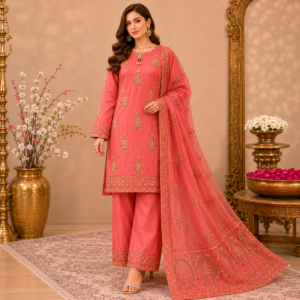 AYS-GULRANG tea pink embroidered stitched suit with crinkle chiffon mix dupatta and lawn trouser
